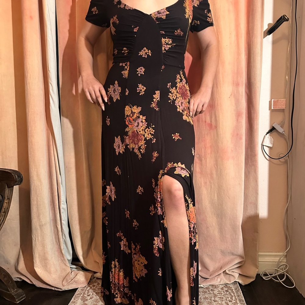 Free People Black Maxi Dress with Pink & Orange Floral Print